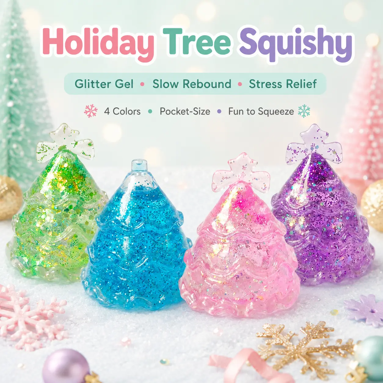 Unisex Glitter-Filled Tree Theme Soft Rubber Holiday Squishy Toy, Slow-Rebound Sensory Fidget, Pocket-Size Stress Relief Desk Toy for Ages 12+ with 4 Color Options