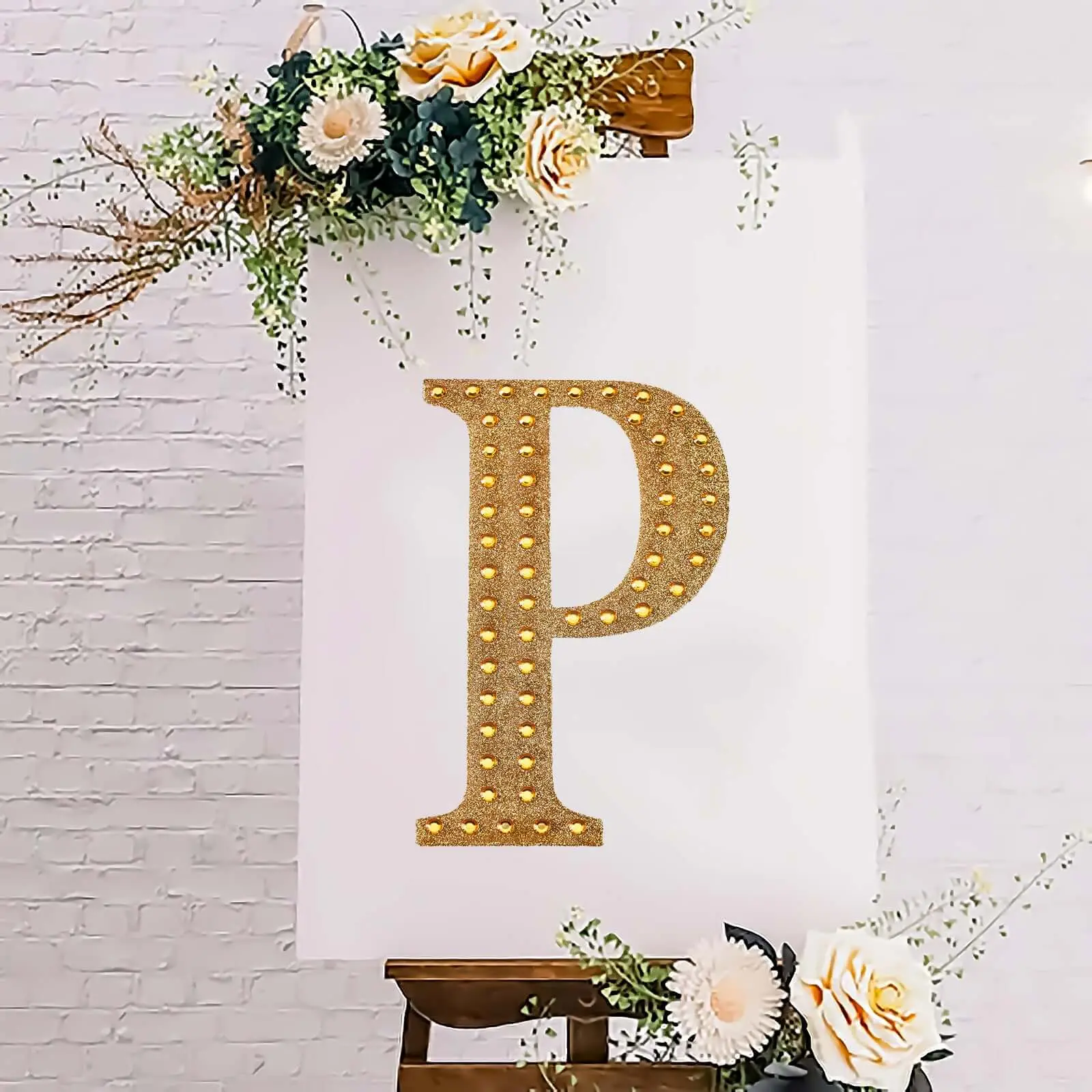 Decorative Rhinestone Alphabet "P" Letter Stickers 8", Gold Glitter Adhesive Craft Letters - DIY Sparkle Embellishments