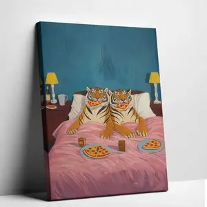Funny Tiger Eating Pizza Canvas Wall Art, Whimsical Animal Painting, Maximalist Blue Pink Jungle Decor for Bedroom or Dorm
