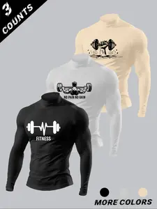 Men's 3-Pack Fitness Graphic High Neck Compression Long Sleeves - Athletic Tops for Gym Workouts, Moisture-Wicking Fabric for Bodybuilding, Casual Urban Daily Wear, Compression Sports Top