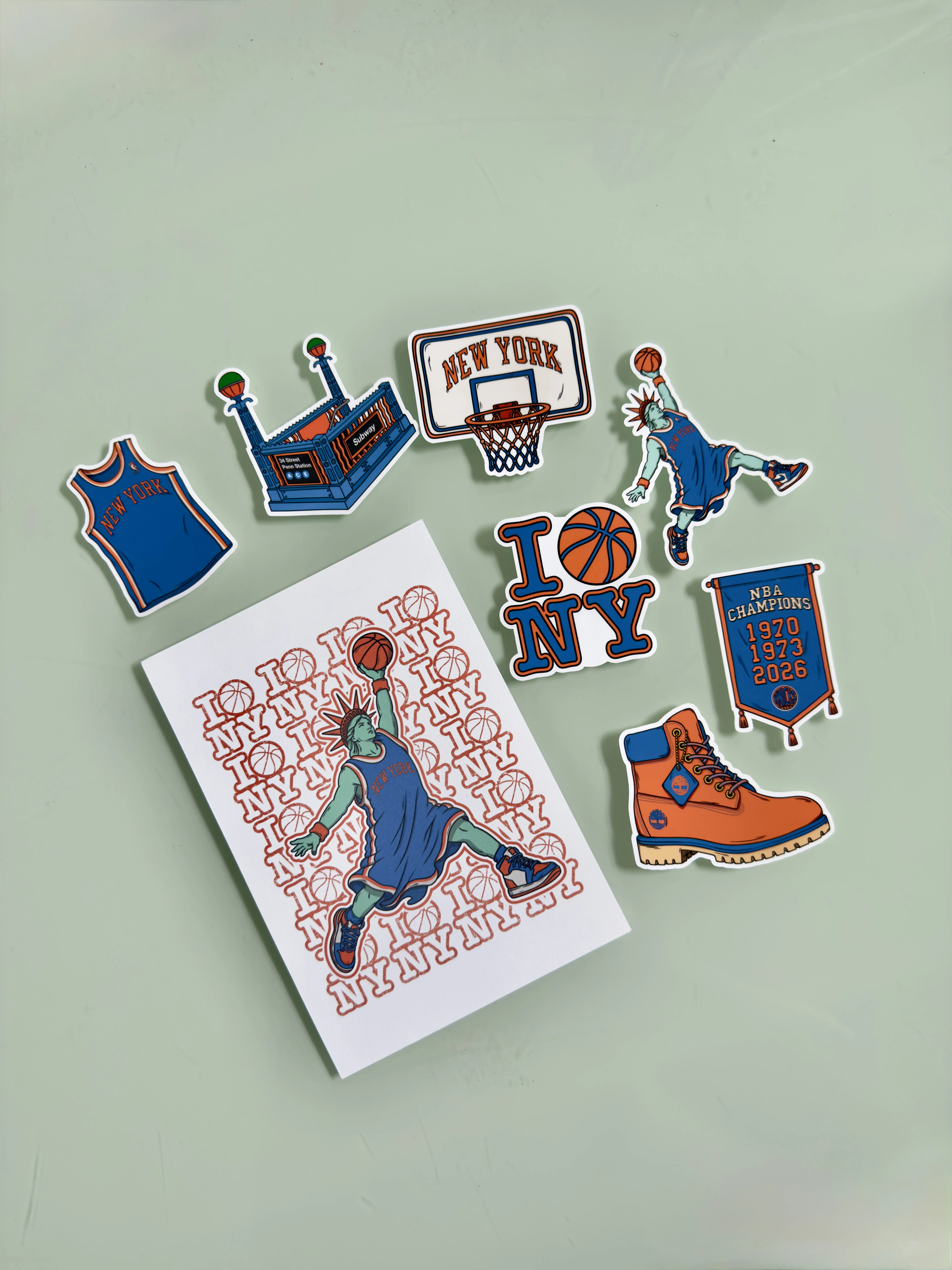 New York Basketball Championship Sticker Pack & Art Card Set, 7 Hand Drawn Stickers and 4.5 x 6.5 Collectible Print, NYC Basketball Fan Gift, Statue of Liberty Dunk, Subway, Jersey and Championship Banner Artwork
