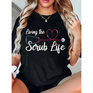 Women's Black T - Shirt with Stethoscope Heart & "Living the Scrub Life" Print - Perfect for Nurse's Day, Healthcare Work & Casual Daily Wear
