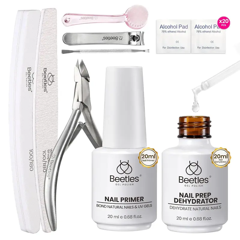 Beetles 20ml Gentle Acid-Free Hema-Free Safety Nail Prep Kit - Nail Care Dehydrator, Primer Tool Kit, Manicure Selfcare Tools, Acrylic Polish Accessory, pH-Balancing Women's Beauty Gift
