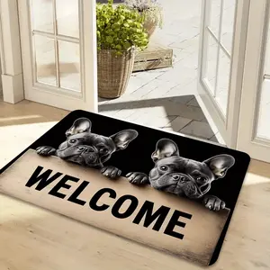 French Bulldog Welcome Mat - Cute Cartoon Design with "Welcome" Sign, Non-Slip Backing, Machine Washable Flannel for Indoor and Outdoor Use Year-Round, Black, Suitable for Kitchen, Dining Room