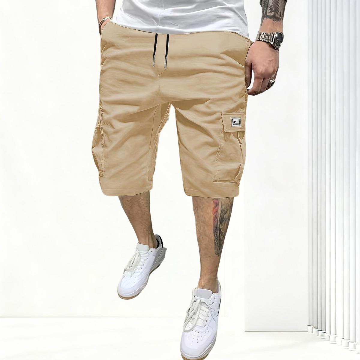 Men’s cargo shorts, solid color; outdoor tactical shorts; summer casual athletic shorts; loose fit with multiple pockets and an elastic waistband for work and hiking; suitable for outdoor hiking, everyday running, and commuting outfits.