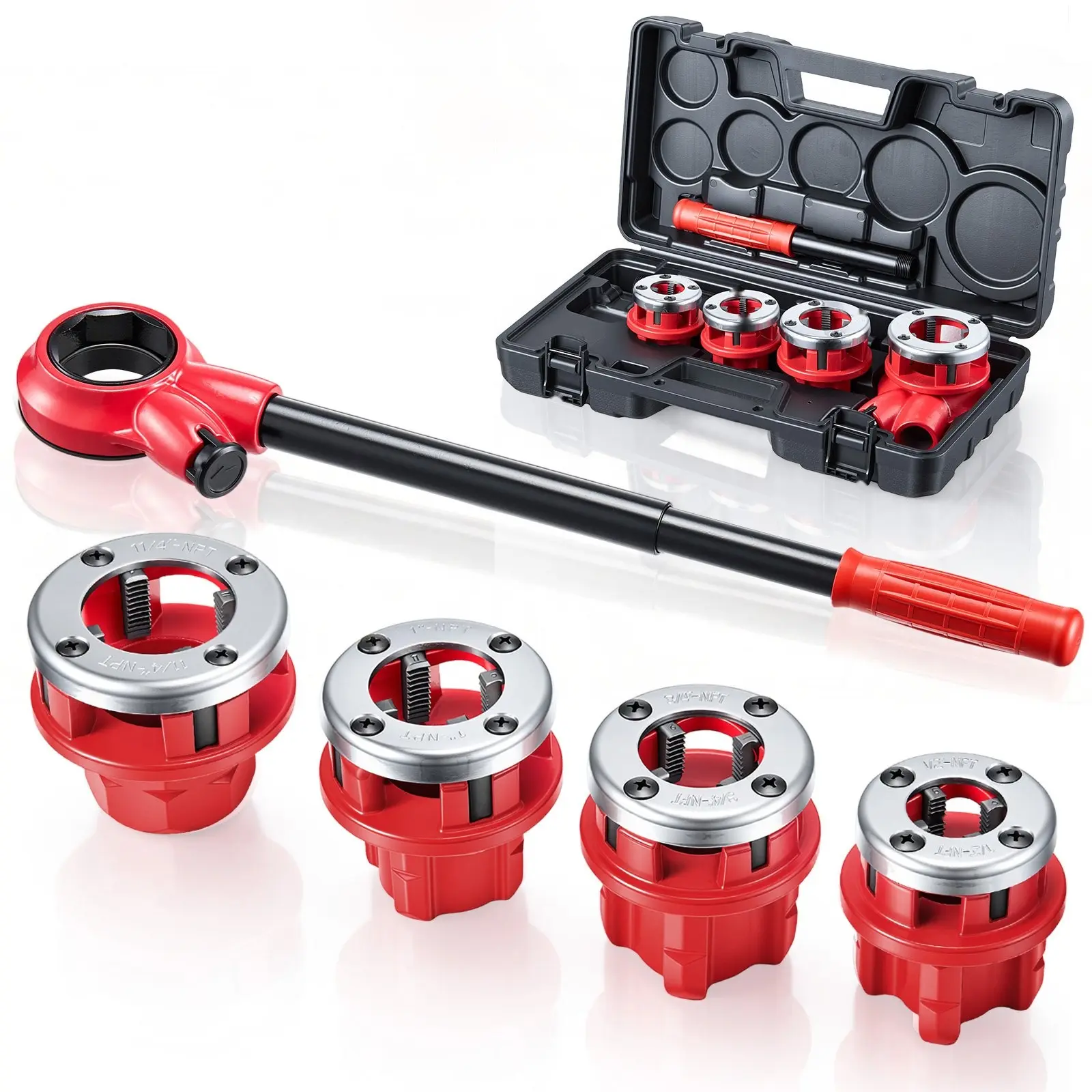 Ratchet Pipe Threader Kit With 4 Dies, 1/2" NPT, 3/4" NPT, 1" NPT, 1-1/4" NPT - Manual Ratcheting Pipe Threading Tool Set With Carrying Toolbox For Plumbing Installation And Repair