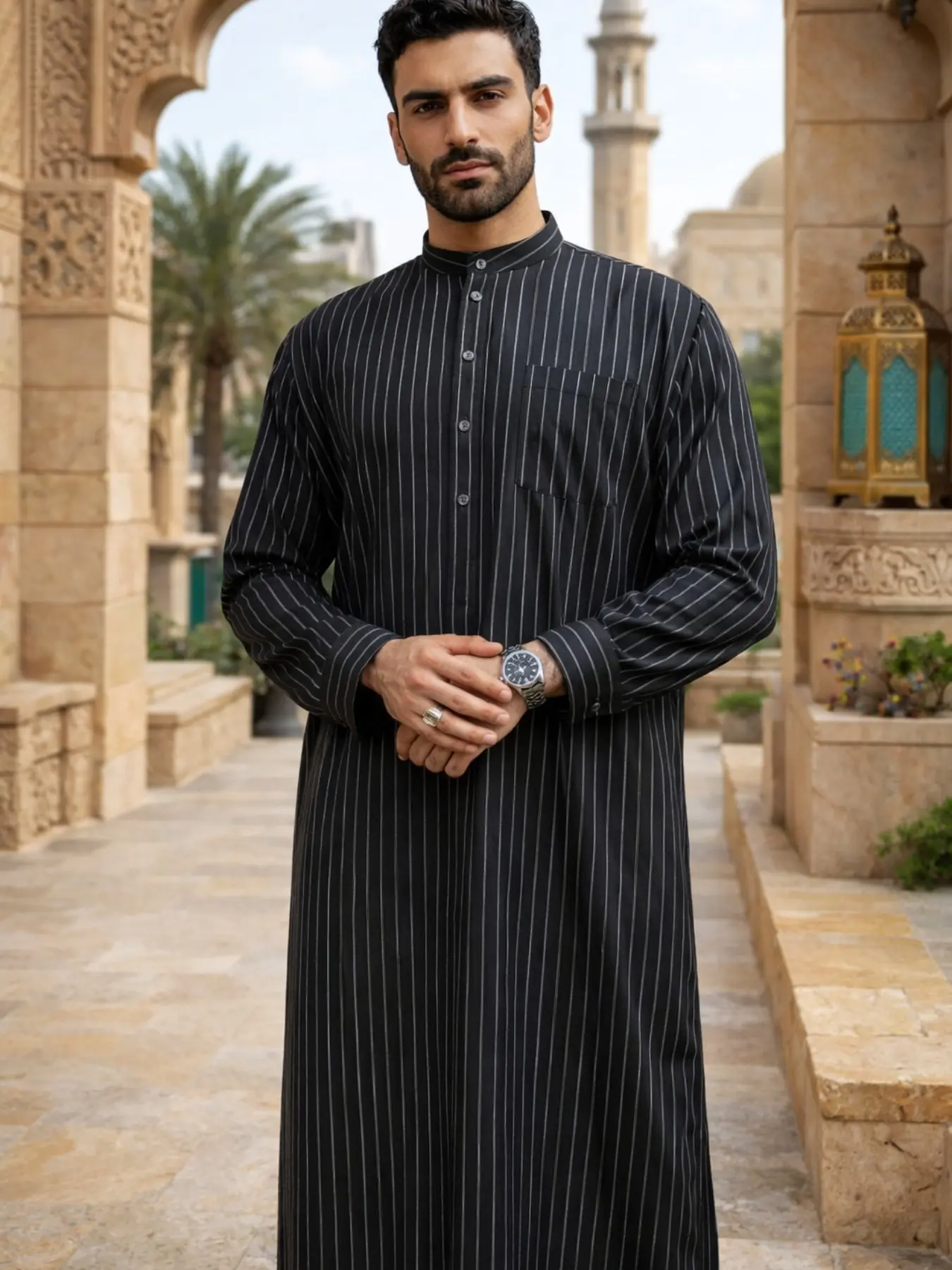 Arabic Islamic Muslim Traditional Robe, Authentic Saudi Thobe, Modesty Thobe, Long Robe with Striped Embroidery, Eid Al Fitr Hajj Festival Clothing for Men