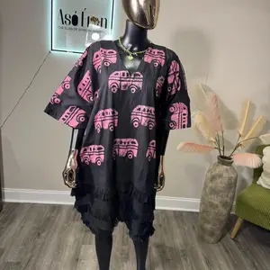 Fade Ankara Statement Midi Dress with Ashoke Fringe Hem - Black & Pink Car Print - Fashionable & Stylish