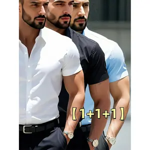 Men’s Summer Short-Sleeve Turn-Down Collar Dress Shirt, 3-Pack — Business/Professional Workwear, Open Front Button Closure, Solid Color Soft, Smooth Fabric, Suitable for Daily Outings and Casual Commuting
