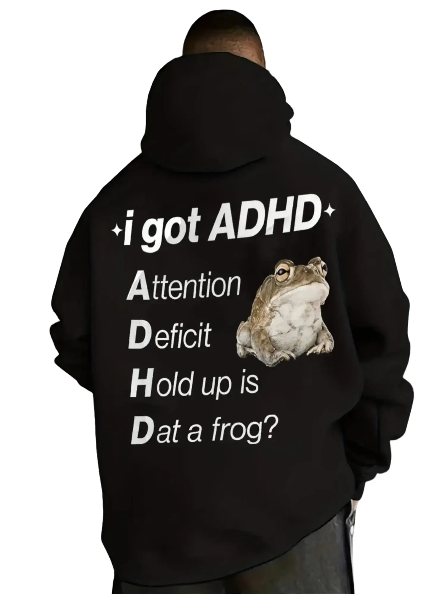 Funny ADHD Meme Frog Print Hoodie for Men Women, Attention Deficit Humor Graphic Pullover, Casual Streetwear Long Sleeve Sweatshirt