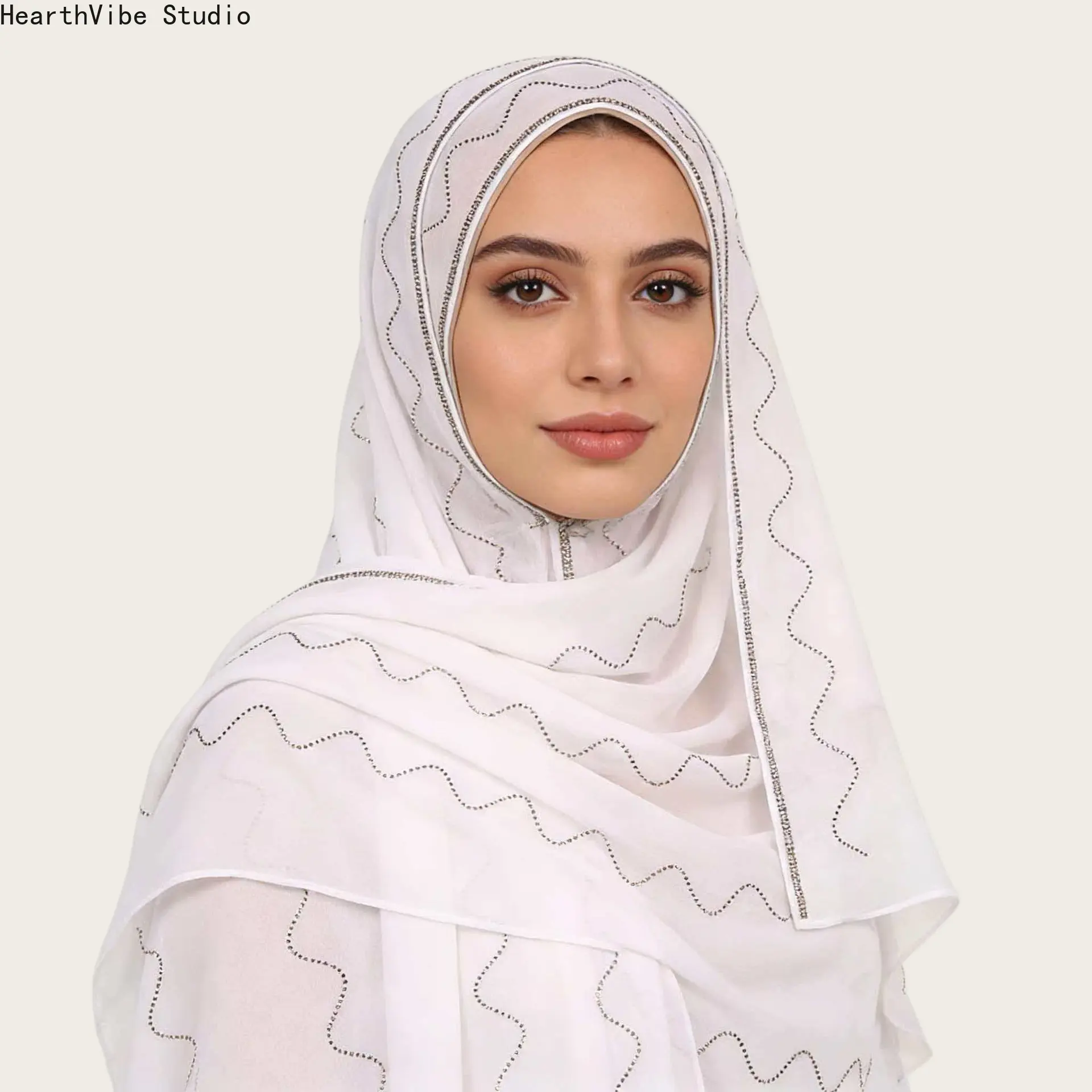 Luxury White Chiffon Hijab for Women, Elegant Head Scarf with Rhinestone Lines for a Spring Wedding or Eid Party, Soft Chiffon