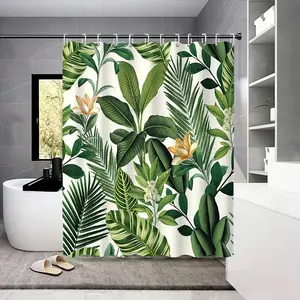 1pc plant flower pattern design shower curtain, for bathroom decoration, partition, durable polyester material, easy to clean, machine washable, multiple sizes available, free hook, Bathroom Accessory