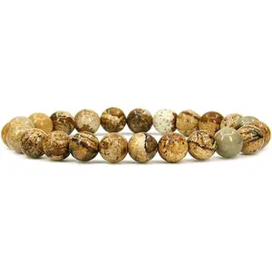 Angelstones Natural Picture Jasper Gemstone 8mm Round Beads Stretch Bracelet 7" Unisex
