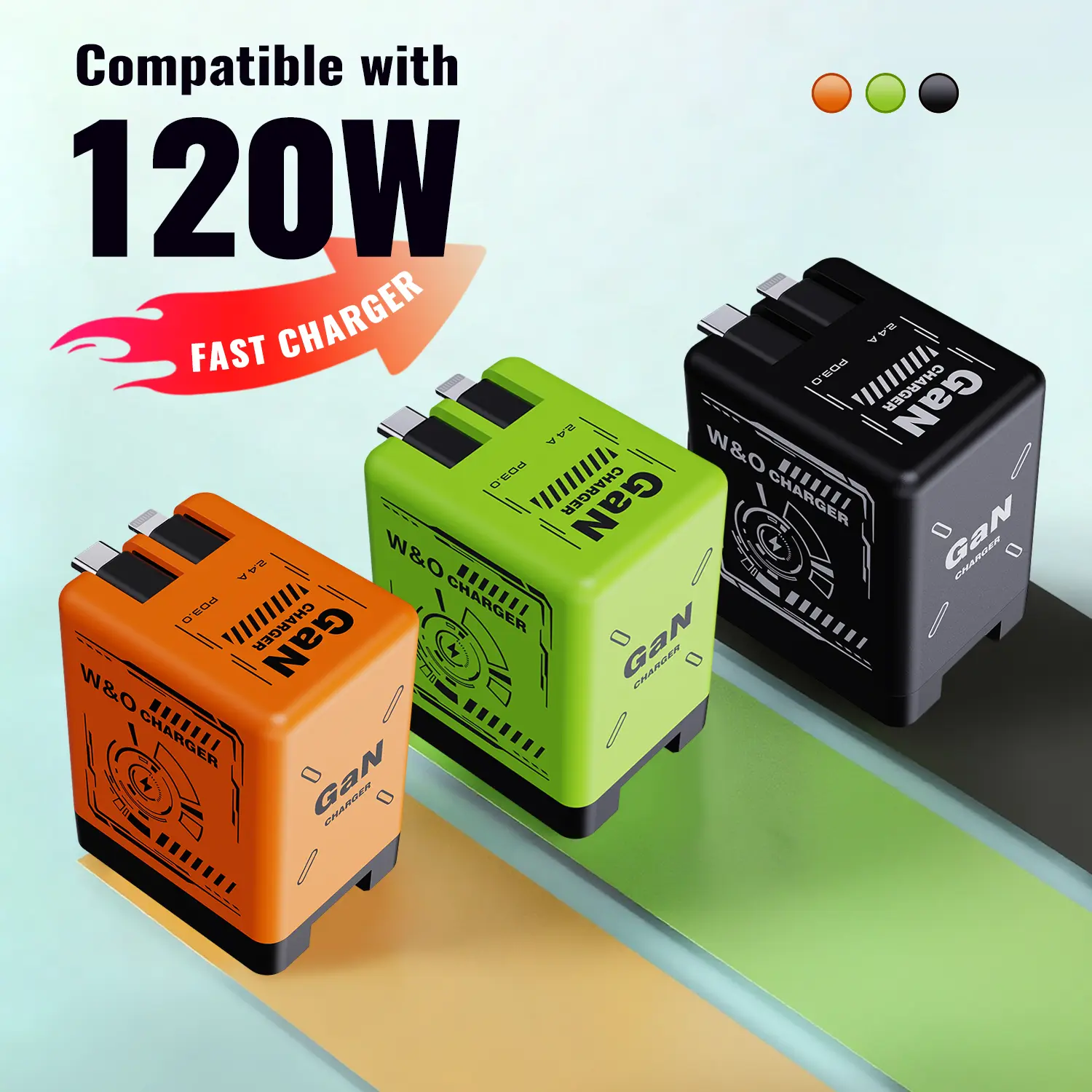 2PCS W&O 4-in-1 Compatible 120W GaN Fast Charger Built-in 31-inch Charging Cable Fast Charging Superior Safety 2 USB Ports for Up to 2 Devices Simultaneously