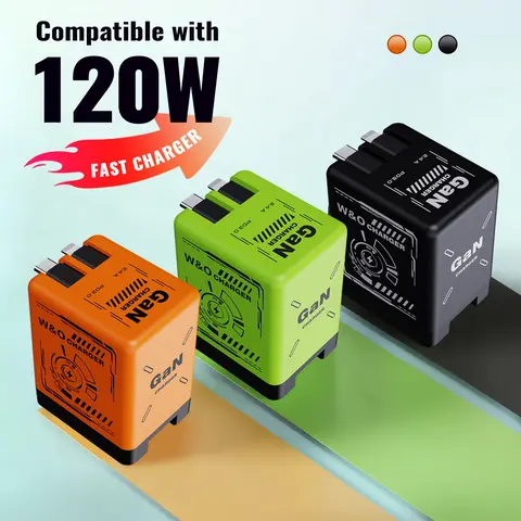W&O F3 GaN 120W Fast Wall Charger with Retractable Cable, 2-Pack, 4-in-1 Dual USB Port Charger for iPhone, Android, Smartphone, Tablet, Travel, Home, Office & Safety Protection