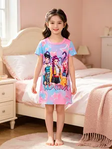 Girls' Summer Round Neck Dress, Cartoon Print Fashion Casual Nightgown, Loose-Fitting Cute A-Type Sleepwear for Kids, Cartoon Pattern Pajamas