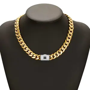 Stainless Steel Mens Cuban Link Chain 14K Gold Plated Mia Width No Tarnish Durable Hip Hop Jewelry 7.5 30 Inch Length