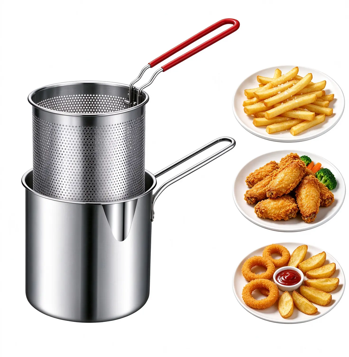 304 stainless steel deep fryer, equipped with a mesh filter basket, water drainage separation function, heat-resistant handle, metal surface treatment, suitable for home kitchen to make french fries and chicken wings,Small kitchen cooking utensils pot