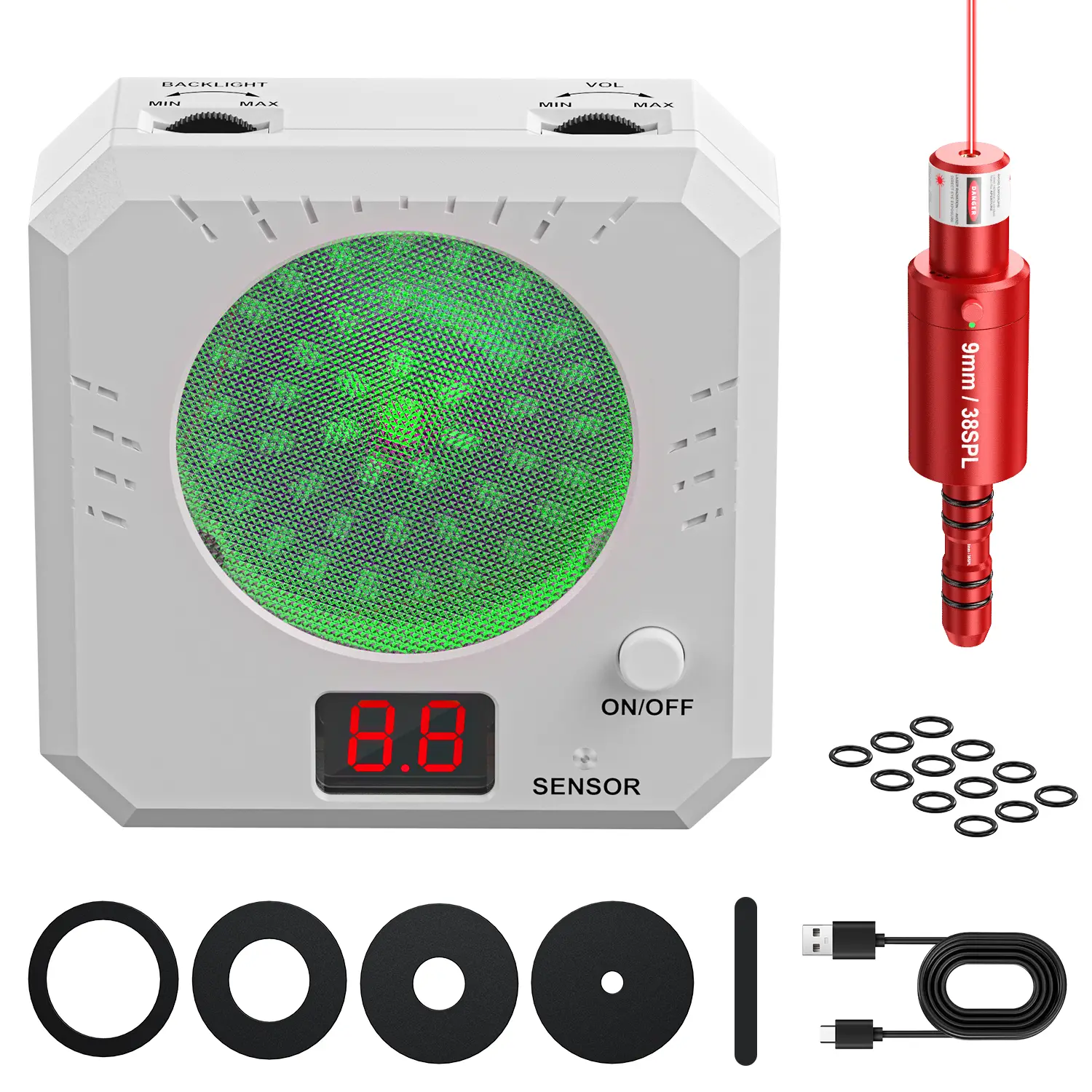 2-in-1 Aluminum Laser Sight & Calibration Tool Kit - 9mm/38spl/45acp/Cal.40/10mm Red Laser, Electronic Counting Targets, 4 Shooting Difficulty Modes for Dry Fire Training, Target Practice