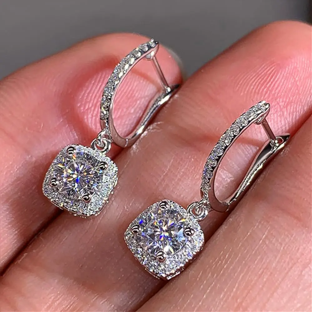 Paved Crystal CZ Hoop Earrings for Women Dazzling Square Shape Drop Earrings Bridal Engagement Wedding Jewelry Elegant Female Dangle Gift