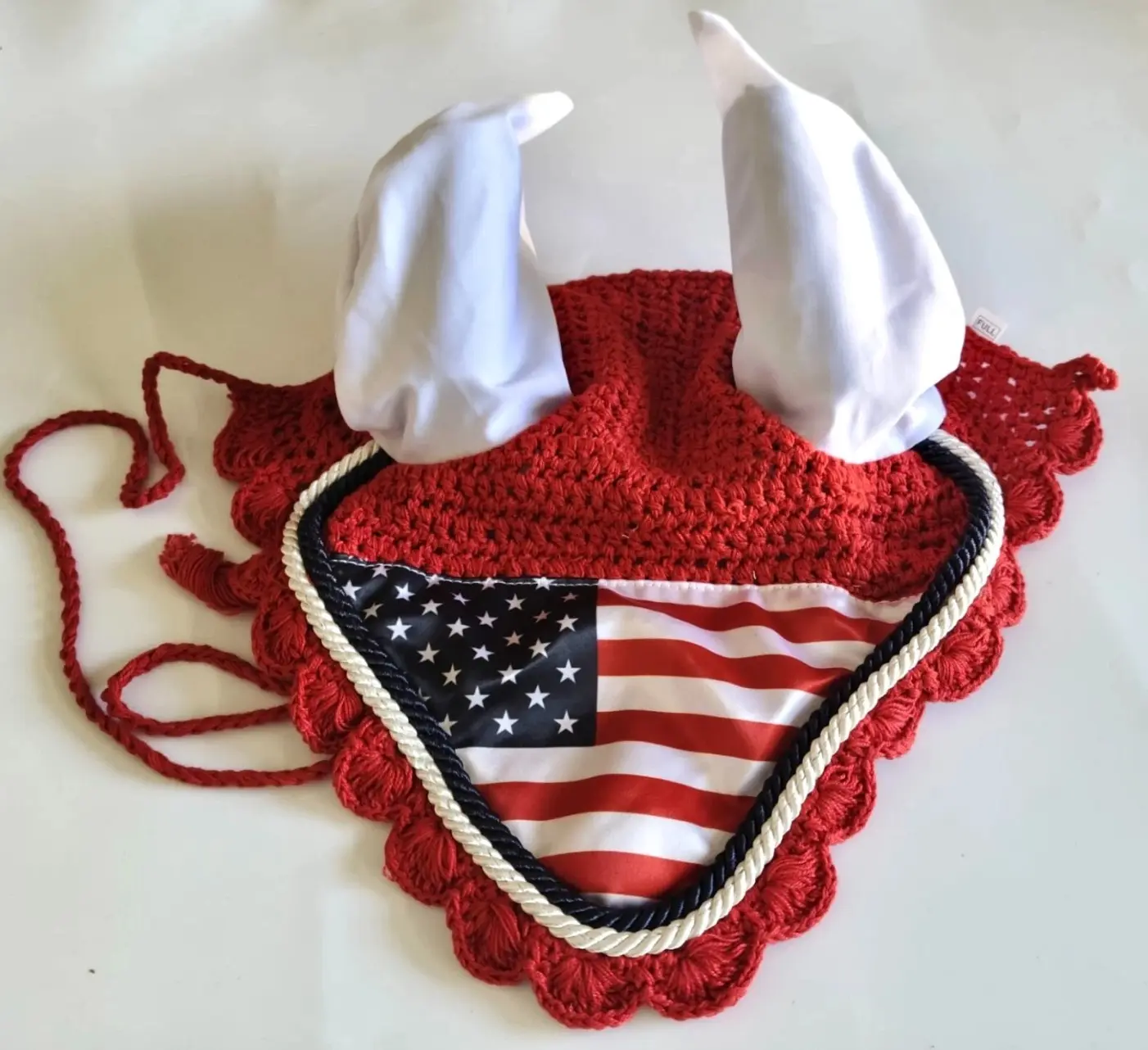 U.S. Flag Horse Fly Bonnet Ear Net Fly Veil Hood Mask Hand Made Crochet Cotton