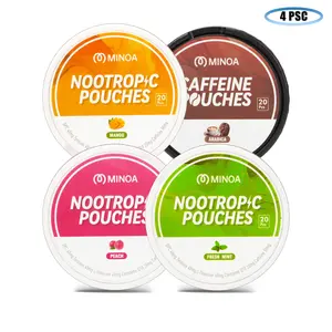 MINOA Caffeine Nootropic Pouches, No Sugar, Zero Calories, 4-Variety Pack, 20-Pouches Per Can, 50mg Caffeine Pouches, Coffee & Energy Drink Alternative, Replacement/Alternative for Focus and Brain Fuel.