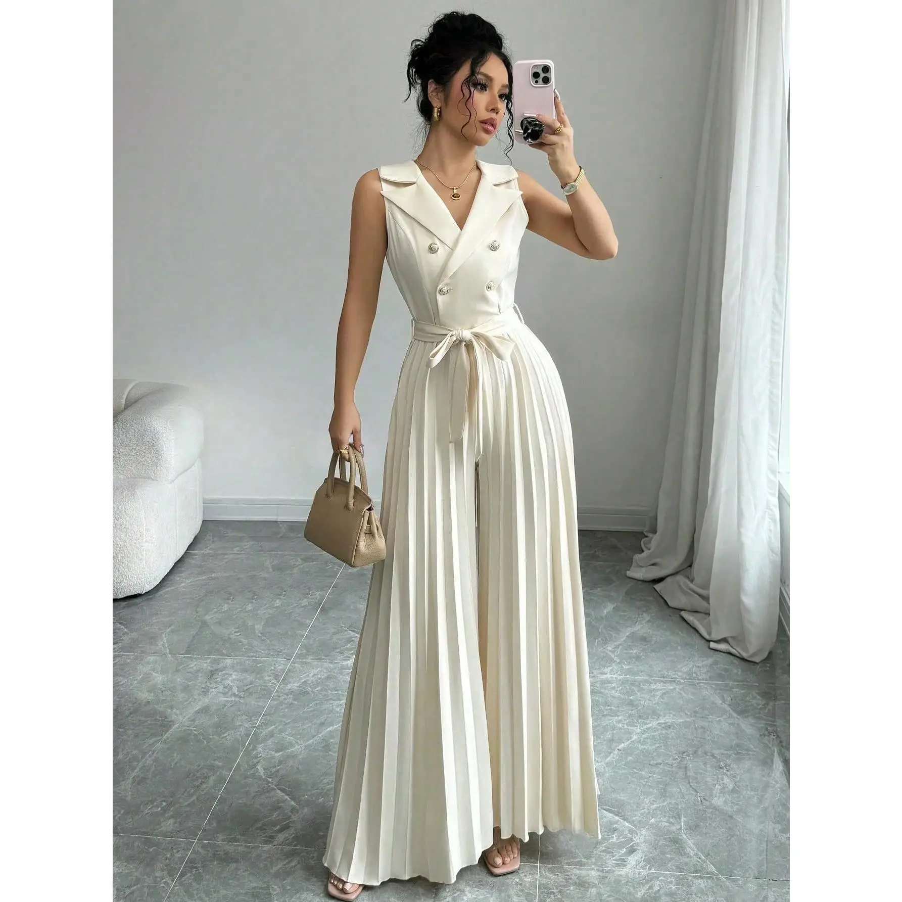 Women's Elegant Double-Breasted Pleated Jumpsuit, Apricot, Suitable For Spring And Autumn