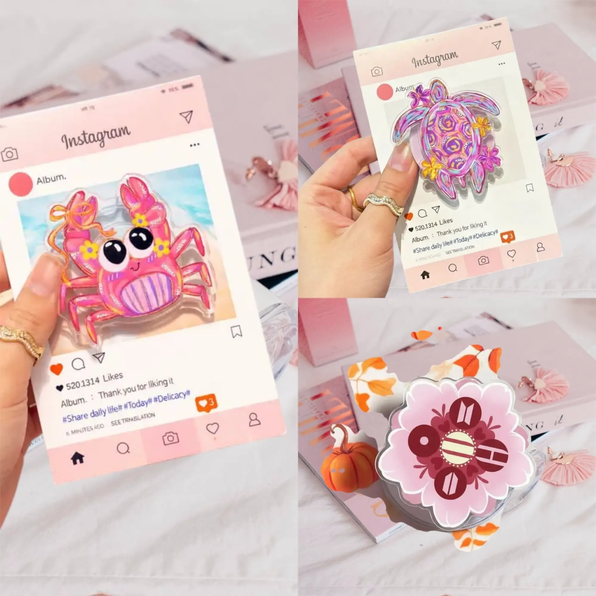 Cute Summer Beach Acrylic Phone Grip | Kawaii Crab Sea Turtle Clear Griptok Collapsible Smartphone Stand Holder