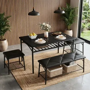 Garvee Dining Table Set for 4, Kitchen Table Set with 2 Chairs and 1 Bench, Modern Metal Frame Dining Furniture Set with Storage Rack for Small Space, Apartment, Restaurant