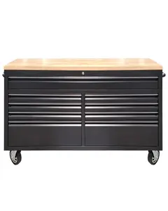【GARVEE】61" Rolling Tool Chest with Rubber Wood Top - 9-Drawer Mobile Workbench, Lockable Metal Storage Cabinet with 4 Heavy-Duty Wheels for Garage Workshops, Black
