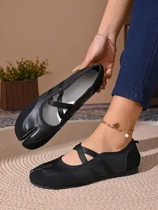 Women's Open-Toe Pig-Sole Shoes, Fall New French Cross-Belt PU Leather Ballet Flats, Ballerina Flats, Ultra-Comfortable Casual Shoes, Perfect for Travel and Running