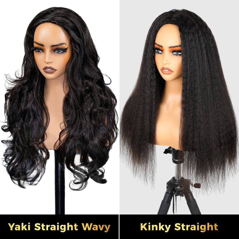 [3 In 1 Half Wig] OQ HAIR Kinky Straight Half Wig Yaki Straight Wavy Easy Wear Go Wig No Glue With Drawstring Invisible Hairline Butterfly Cut Human Hair Glueless Wigs