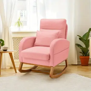 Indoor Rocking Chair, Nursery Rocking Chair with Side Pocket, Upholstered Glider with High Back & Rubber Wood Legs, Comfortable Armchair for Baby Room, Bedroom, Living Room, Pink