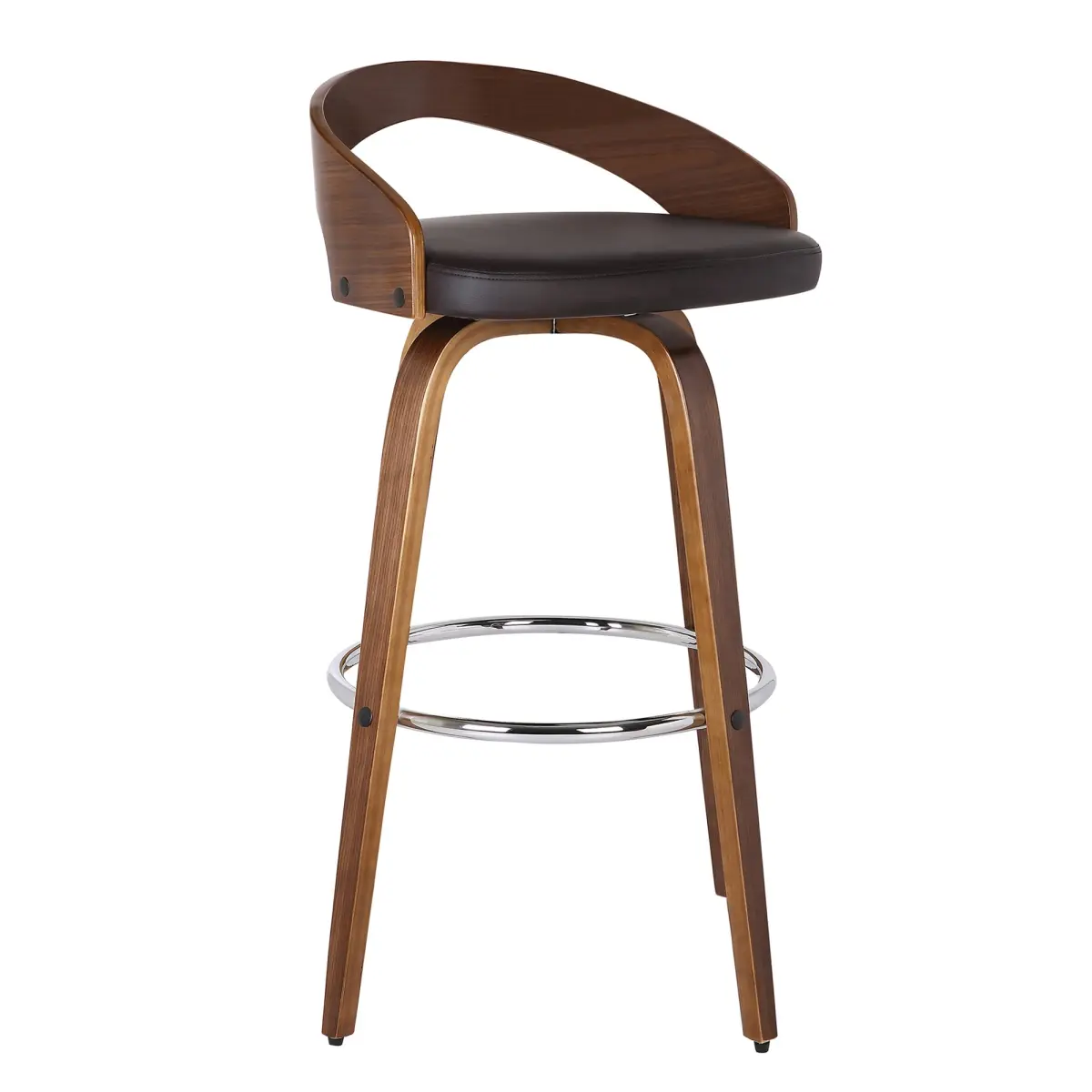 HomeRoots 477081 Armless 30" Tall Brown PU Leather & Solid Wood Swivel Low Back Home Bar Chair - Round Seat, 360 Rotation Base, Footrest, Wooden Chairs for Happy Hour at Home Indoor Furniture