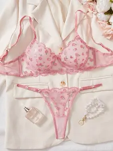 Sexy Mesh Embroidery Bra and Panty Set, Sheer Pink Two-Piece Lingerie for Valentine's Day