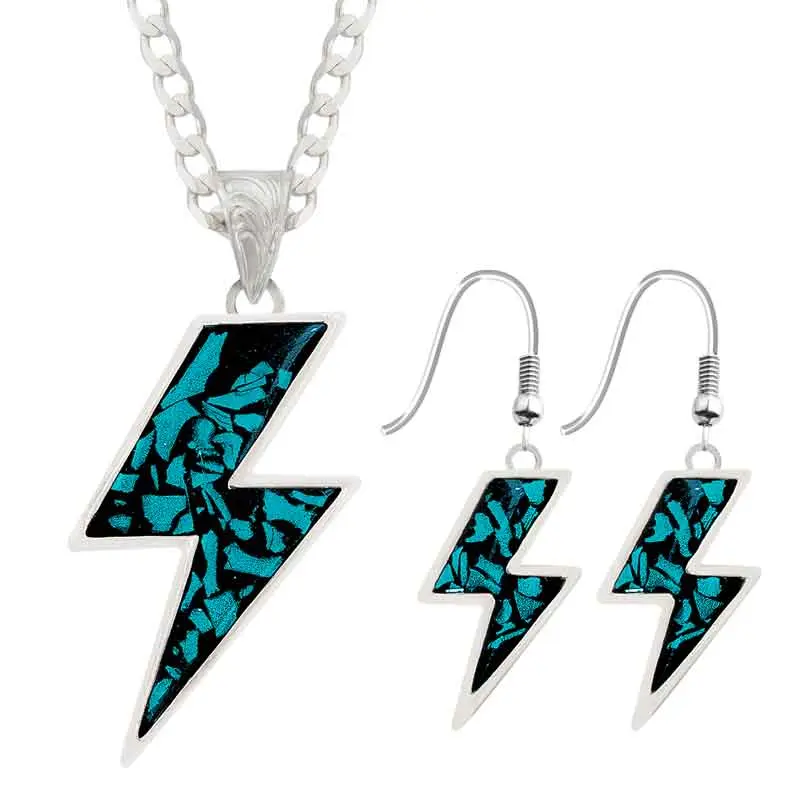 Western Style Lightning Bolt Pendant & Earrings Set Hand Crafted with Simulated Turquoise Stones Rustic Bold Design 1.00” Earring Size 1.098” Pendant Size