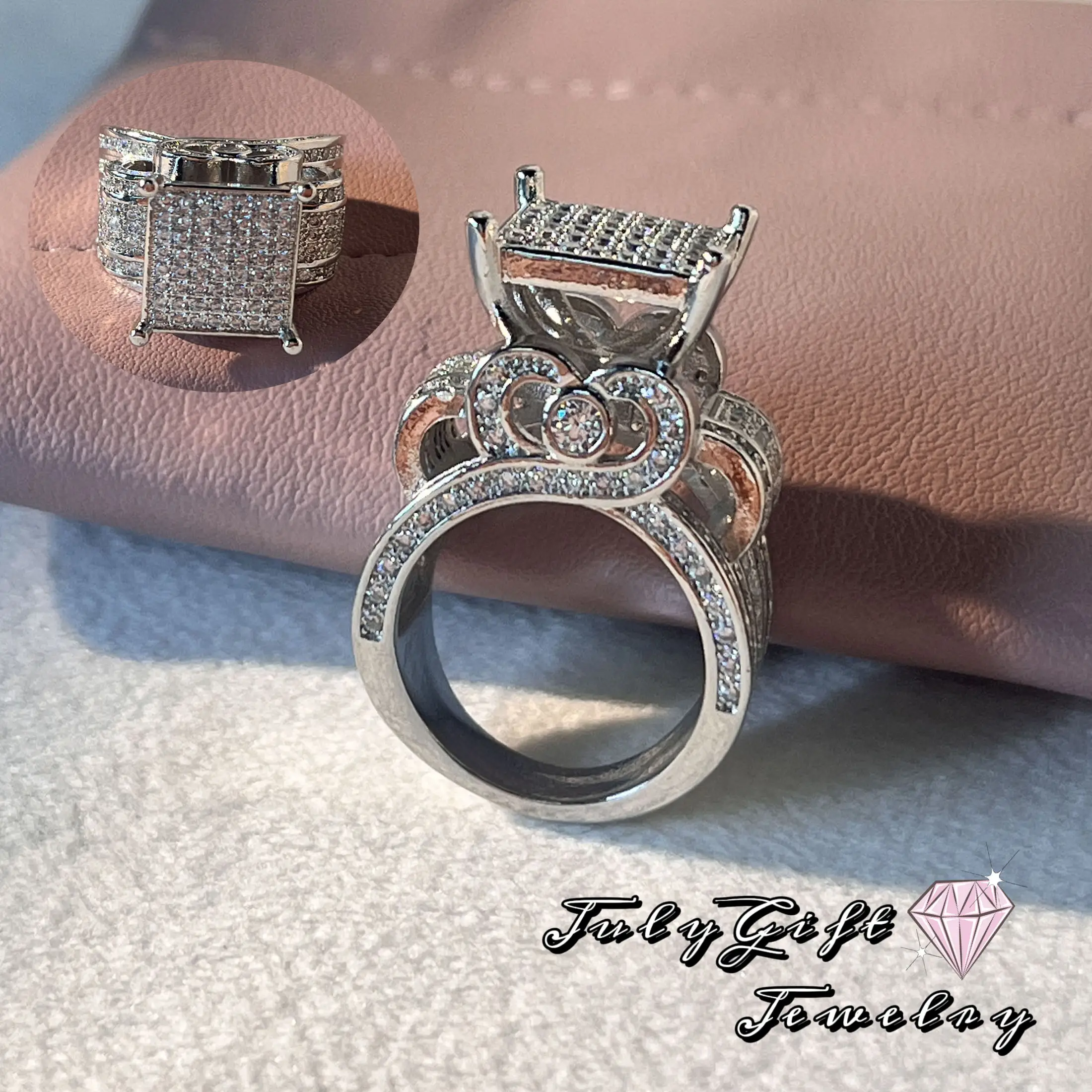 Women's 0.4" Wide Square Cluster Engagement Heart Architecture Ring, Cocktail Bling Ring for Girls