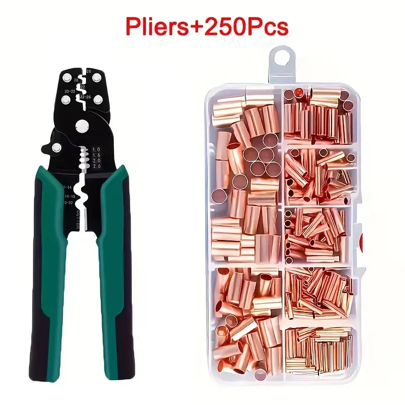 250pcs Copper Connecting Pipe Kit with Crimping Pliers with Multi-Function Mini Electric Terminal Crimping Pliers，Ideal for Wire Joints & Cable Lugs - Metal Processing - No Power Supply Needed Tool Kit Set Hand Tools DIY Tools