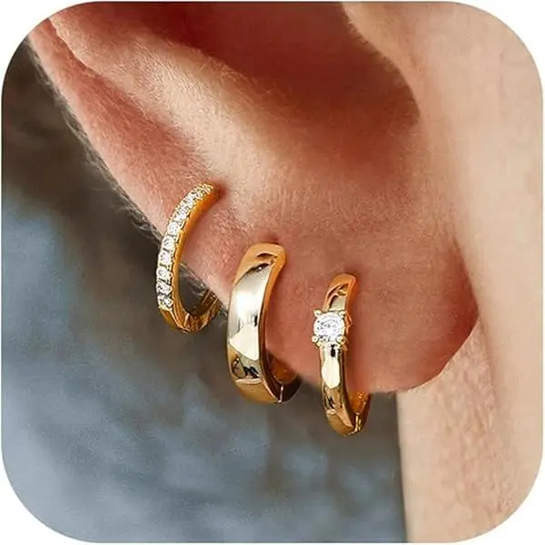 MILACOLATO Women's 3-Pair Gold Filled Stackable Earrings Set for Women - Classic Gold Huggie Hoops, Trendy Chunky Thick Hoops, Silver Posts for Multiple Piercings, Earrings For Women