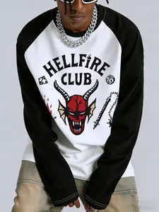 🔥 Popular Hellfire Club Raglan T-Shirt | 'Stranger Things' Y2K Style Avant-garde retro design featuring devil motifs, dice, and sword details. Classic black and white raglan sleeves. Perfect for TikTok fashion, cosplay, or casual streetwear.