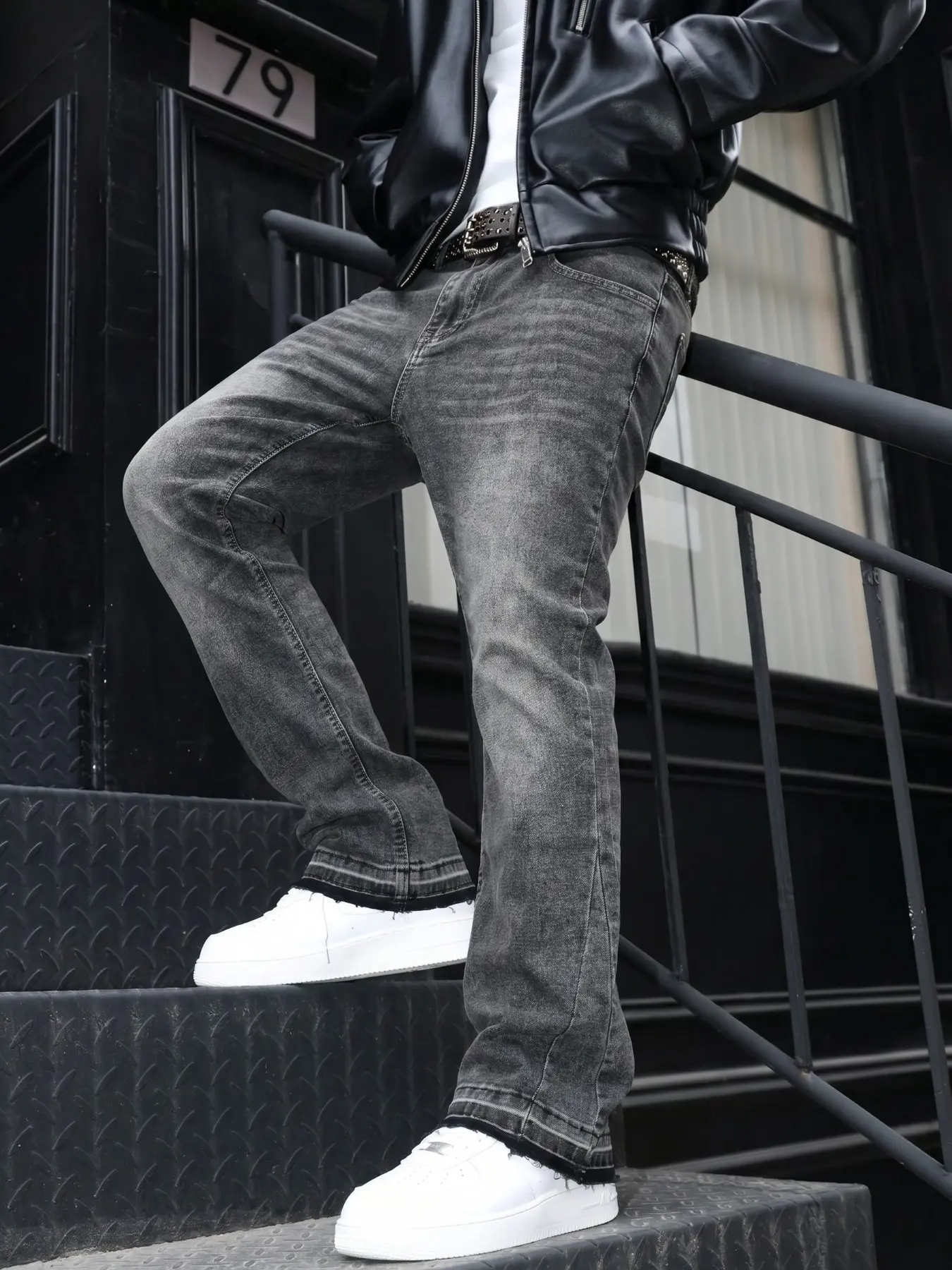 Men's Washed Edge Stretch Slim Fit Micro Flare Jeans, All Season High Street Casual Long Pants, Fashion Streetwear Men's Pants