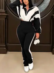 Women's Two-Piece Patchwork Long Sleeve Zipper Jogger Drawstring Casual Sportswear Set, Fitted Crop Top & Bottoms, Yoga Tracksuit Set, Spring & Fall