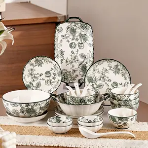 24/36/48-Piece Dinnerware Set with Green Floral Pattern – Perfect for 4/6/8 People, Scratch-Resistant and Durable, Space-Saving Stackable Design, Microwave, Dishwasher, and Oven Safe
