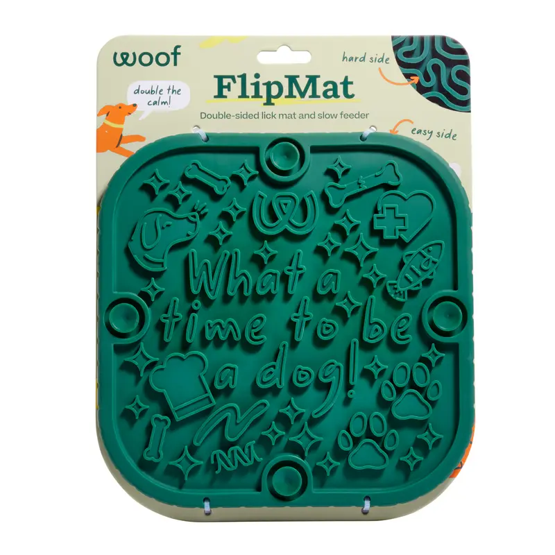 Woof FlipMat, BPA Free Silicone Dog Lick Mat Dual-Sided Slow Feeder with Suction Cups for Enrichment & Calming, Dishwasher Safe