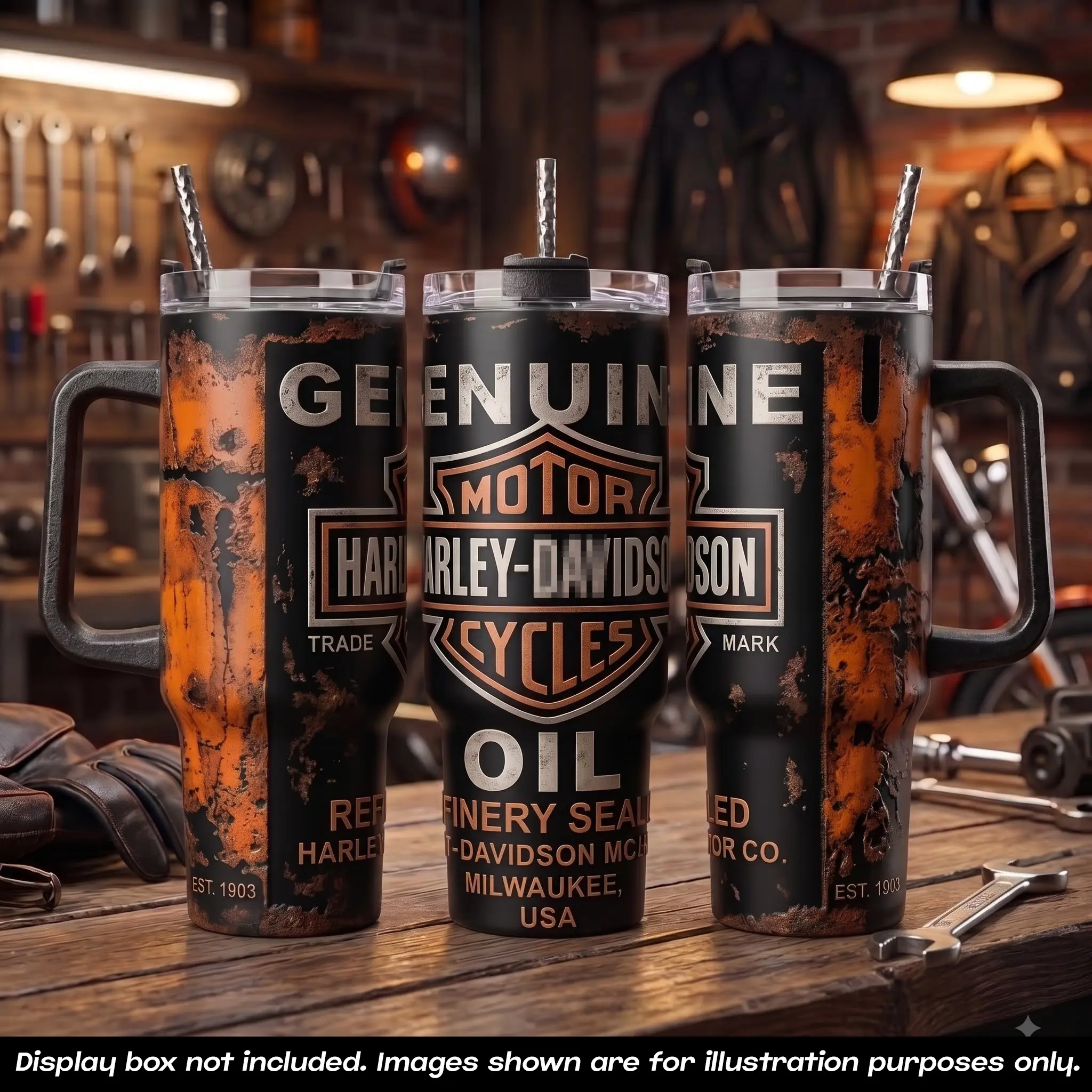 HOG Motorcycle 40oz Tumbler with Handle Straw, Genuine Motor Cycles Trade Mark Oil Can Milwaukee USA EST 1903 Travel Mug, HD Refined Sealed Rusty Orange Stainless Steel Insulated Water Coffee Cup, Vintage Motorcycle Biker Drinkware, Gifts for Men