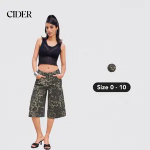 Cider [size 0-10] Denim Leopard Wide Leg Bermuda Shorts, Low Rise Shorts for Music Festival & Live House, Rave Outfit Street Style Jorts, Straight Leg Cheetah Hiphop Streetwear, Oversized Summer Shorts for Women
