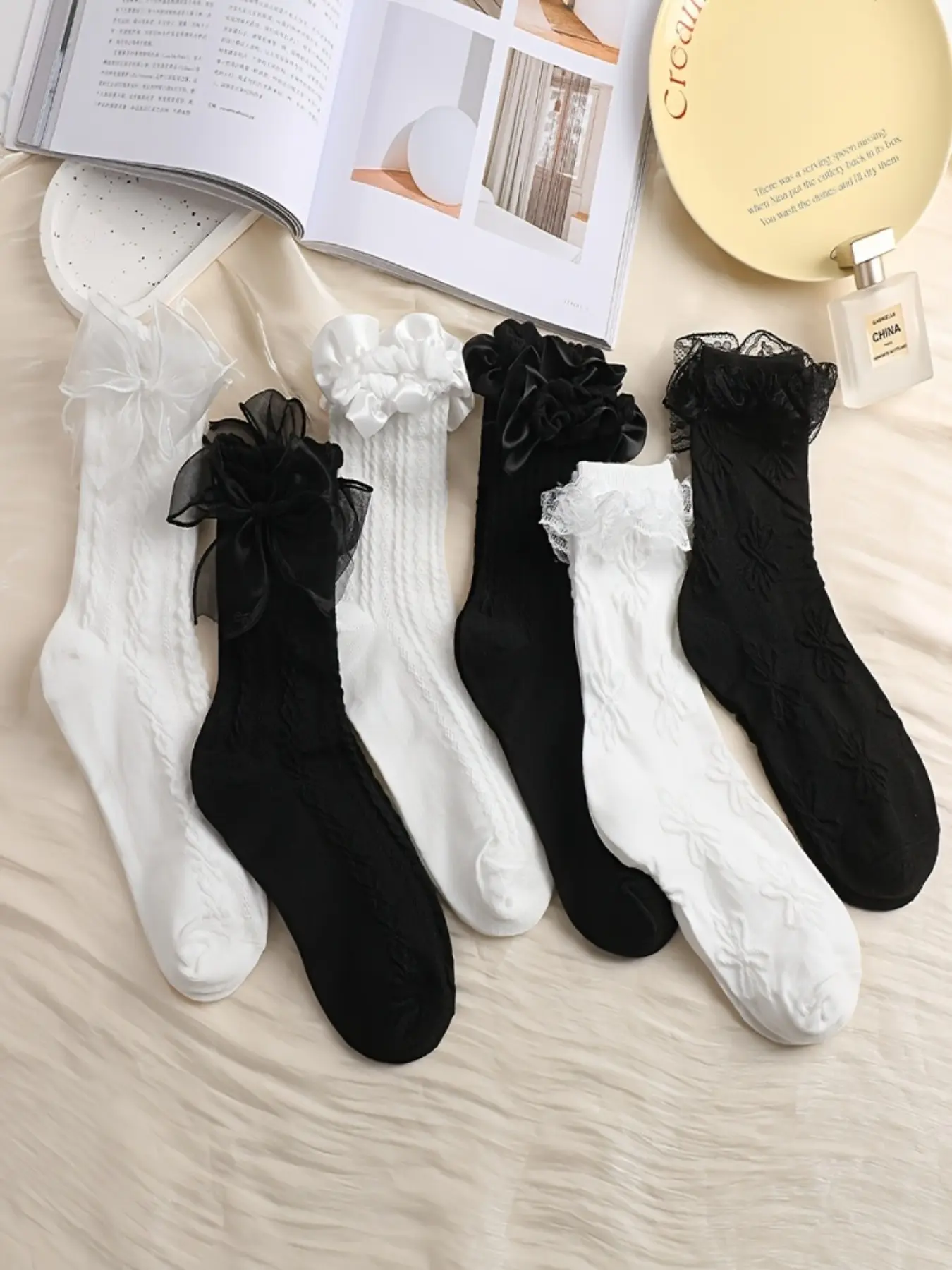 6 Pairs Bowknot Lace Trim Jk Women's Ankle Socks, Multipack Socks Sock Set Summer Comfortable Breathable Cute Elegant Chic Feminine Versatile Japanese Style Girl Socks
