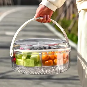 Clear Separated Vegetable Service Tray with Lid and Dip Section, Rotating Fruit Tray for Parties, Outdoor Picnics, Catering, Delivery, Refrigerator Storage Box and Storage, Refrigerator Organizer Kit, Refrigerator Organizer Storage