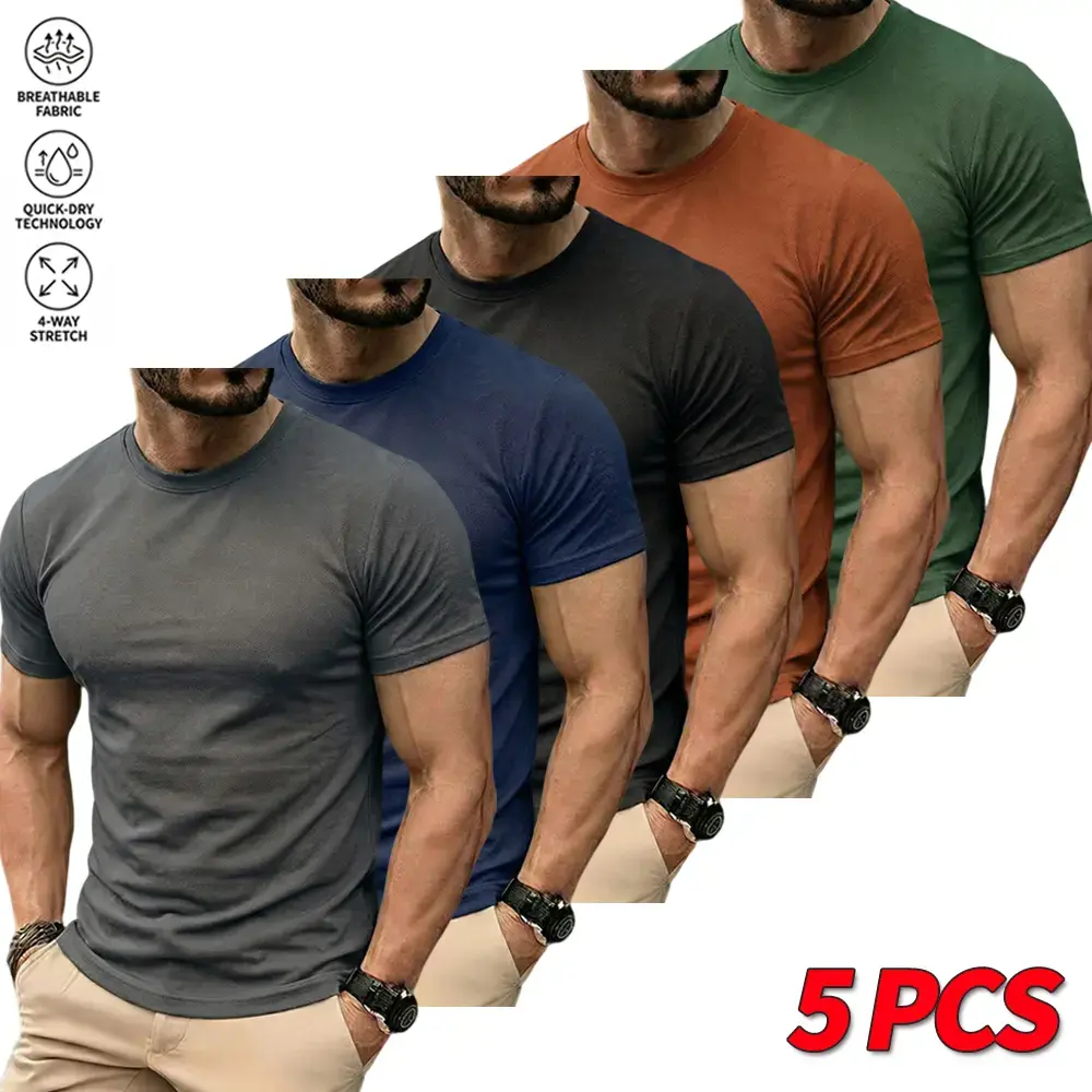 Pack of 5Men's solid-color basic T-shirt pack, breathable andmoisture-wicking, available in multiple colors for versatilestyling. suitable for everyday wear, going out, workouts, andoutdoor activities in summer.