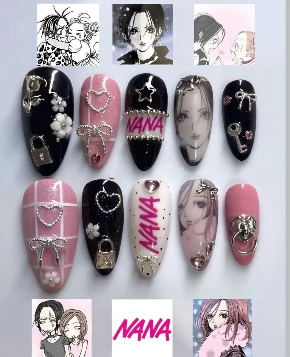 Nana Osaki Nana Komatsu Pink Black Punk Gothic Fake Nails, 3D Bow Chain Lock Charm, Y2K Kawaii Nail Art | Free Adhesive Tabs Nail File Cuticle Stick